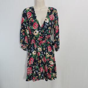 Yumi Kim Tompkins Macbeth Black Floral Surplice Long Sleeve Mini Dress Small